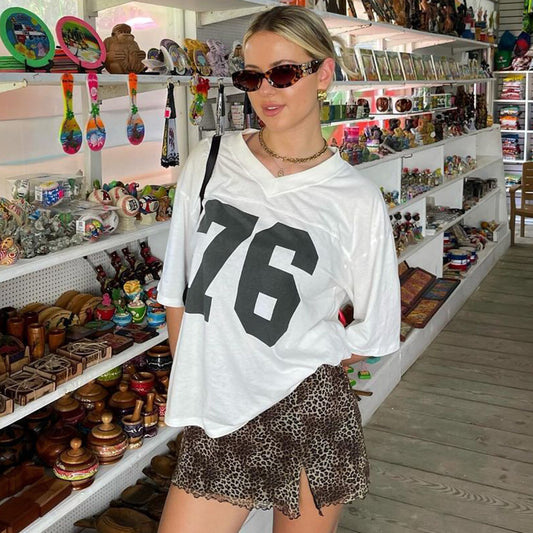 Digital Printed Short Sleeve T-Shirt Women's Cross-border V-neck Loose Slimming Casual Top Off-Shoulder Bardot Necklines Tall Women Longline Tops